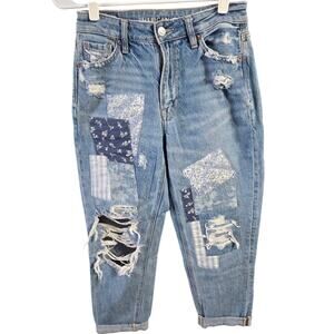 Distressed Patchwork Cuffed Mom Jeans - American Eagle - 0